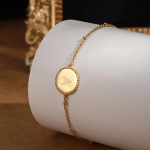 Elegant gold S925 sterling silver chain bracelet with round letter A pendant and beads