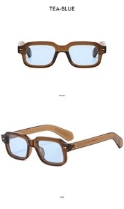 Front and side views of tea-brown square sunglasses with light blue lenses and silver studs
