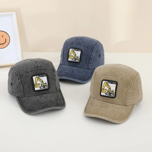 Retro washed cotton kids baseball caps with excavator embroidery in grey, blue and khaki