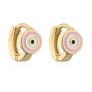 Close-up of gold plated hoop earrings with pink enamel evil eye charms on white backdrop