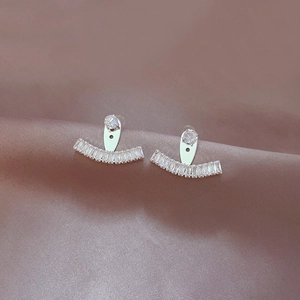 Macro shot of silver zircon drop earrings featuring a fan-shaped sparkling crystal fringe