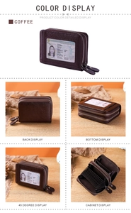 Detail view of double-layer zipper accordion card holder in coffee lychee grain leather