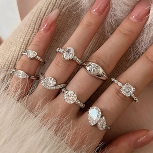 S925 Sterling Silver Ring For Women Luxury Ice Flower Cut Zirconia Heart Marquise Oval Round Geometric Ring Party Jewelry