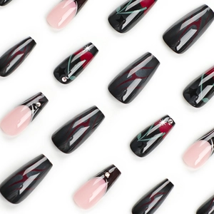 Gothic black and red flame press-on nails with stars and rhinestones in coffin shape