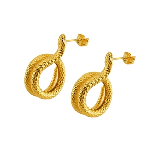 Detailed close-up of golden snake hoop earrings with intricate scale texture and stud closure