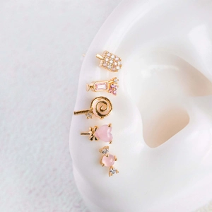 5-piece summer ice cream and candy earring set with pink zircon on gold metal base