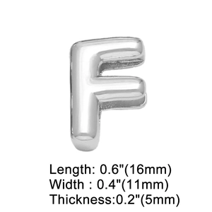 Detailed macro view of silver-tone letter F pendant with 16mm length and mirror polish