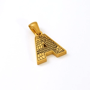 Golden titanium steel letter A necklace pendant with bark texture on white background