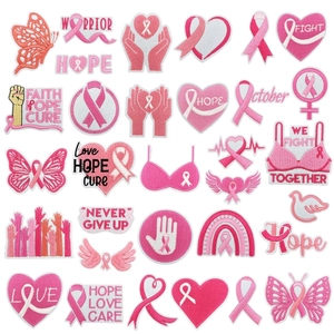 Breast Cancer Awareness Pink Ribbon Embroidered Iron On Patches For Women DIY Clothing Decoration Polyester Appliques Charity Support Embroidered Patches