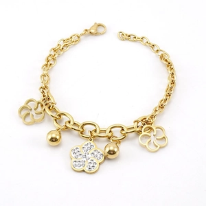 18K gold-plated stainless steel floral bracelet with flower charms and white crystals