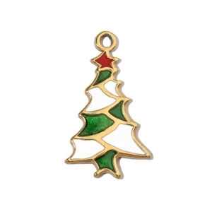 Detailed Christmas tree pendant with gold metal frame and red green white enamel