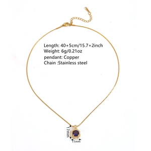 Gold stainless steel necklace with square purple zircon copper pendant for women