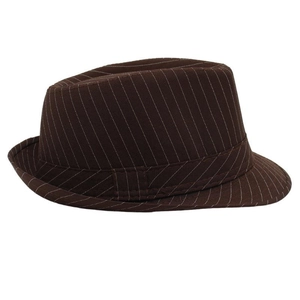 Detail view of dark brown striped fedora hat showing classic fabric texture and stitching