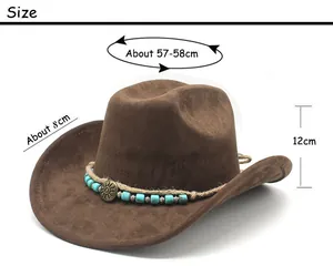Size guide for brown suede cowboy hat with turquoise beads and sun medal details