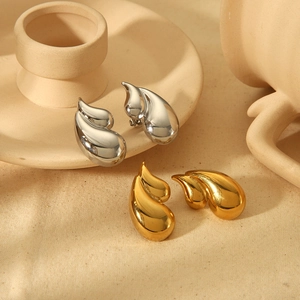 Water Drop Stud Earrings 18K Gold Plated Stainless Steel Double Layer High Polished Teardrop Minimalist Style Women