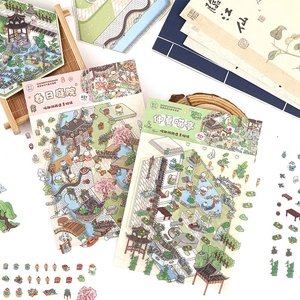 Creative 3D landscape stickers with miniature Chinese garden and cat themes for journaling