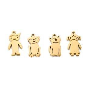 Polished gold stainless steel charms set featuring boy, girl, dog and cat shapes