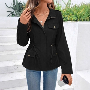 Women's black casual long-sleeve jacket with waist drawstring and stand collar