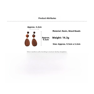 Detail view of geometric wooden teardrop earrings with dimensions and material specs