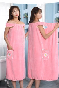 Pink wearable spa robe in coral fleece with daisy embroidery and pocket detail