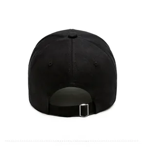 Rear view of black baseball cap showing adjustable fabric strap and silver metal buckle