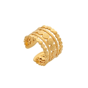 Detailed view of the layered gold metal ear cuff with diverse textures and open design