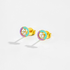 Detail of 925 silver stud earrings with gold finish and colorful enamel inlays