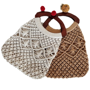 Handmade crochet tote bag with round wooden handles in beige and brown color options