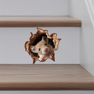 3D realistic mouse hole wall sticker for stairs with a cute peering mouse design