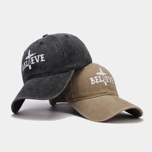 Believe Letter Embroidery Washed Cotton Baseball Cap Vintage Distressed Curved Brim Adjustable Sun Hat For Men Women