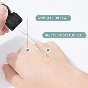 Facial serum with dropper shows smooth delicate texture on skin for daily face care.