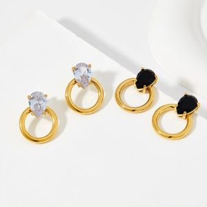 Minimalist gold hoop earrings with teardrop zircon crystals in clear and black colors