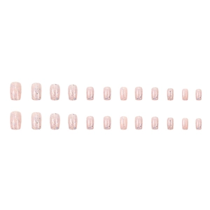 Sparkly pink glitter press-on nail set with 24 pieces in a clear minimalist style