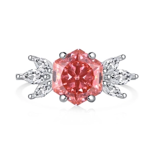 Exquisite S925 sterling silver ring with hexagonal pink gemstone and marquise side diamonds