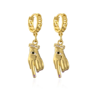 Gold-plated copper hoop earrings featuring hand pendants with evil eye and purple enamel