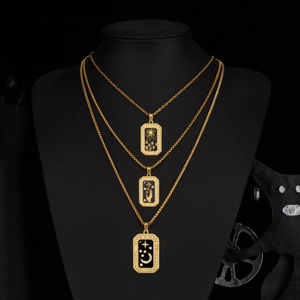 Triple layer stainless steel necklace with sun and moon enamel rectangle pendants