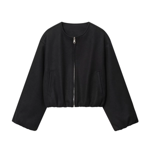 Women's minimalist black zip-up bomber jacket featuring premium soft wool blend fabric