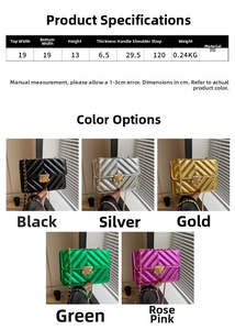 Detailed size chart and multi-color options for the V-quilted chain strap shoulder bag