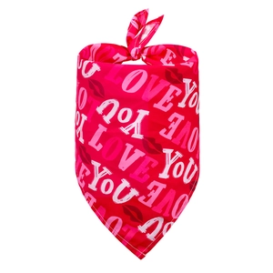 Close-up of red Valentine pet bandana featuring LOVE YOU text and lip prints