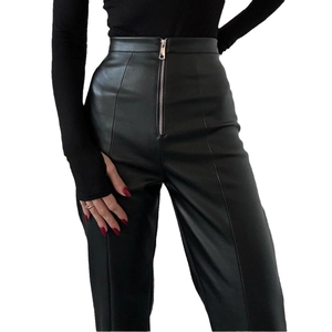 High-waisted black faux leather pants with long front zipper and sleek matte finish