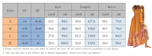 Size chart showing bust, length, and waist measurements for the printed maxi dress