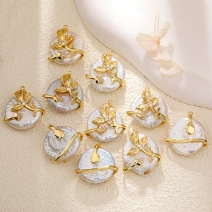 Baroque freshwater pearl flower pendant with 18k gold plated floral metal detailing