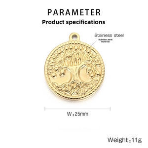 Golden Tree of Life stainless steel pendant featuring 25mm diameter and 11g weight specs