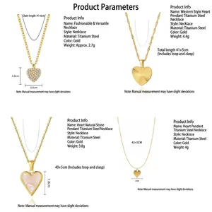 Four 18K gold-plated stainless steel heart necklaces with shells and crystal inlay