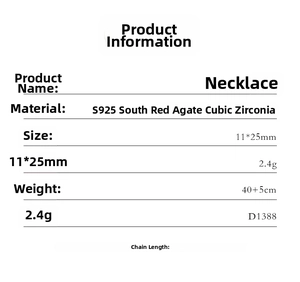 Specifications for S925 silver necklace with South Red Agate and Cubic Zirconia details