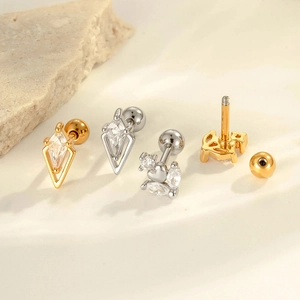 Fashionable heart and geometric zircon cartilage earrings with stainless steel posts