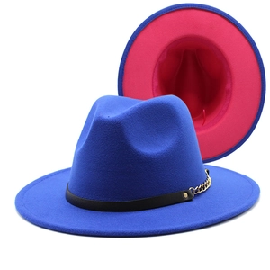 Blue wool fedora hat with black leather band and gold chain featuring pink interior lining