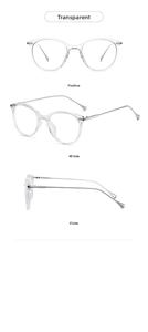Three perspectives of transparent cat-eye glasses frames with thin silver metal temples