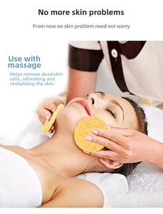 Macro detail of yellow wood pulp facial cleansing sponge used for spa skin massage treatment