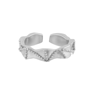 Irregular wavy sterling silver open ring with textured bead engraving for women